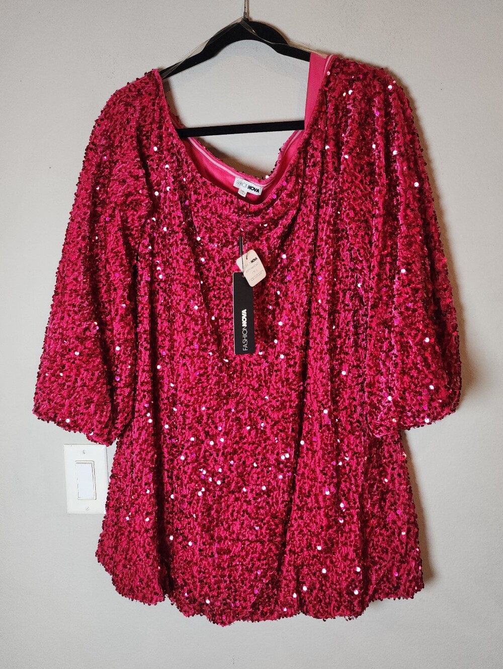 NWT Pink Sequin Bodycon Mini Dress Off Shoulder Balloon Sleeves Size 1XL